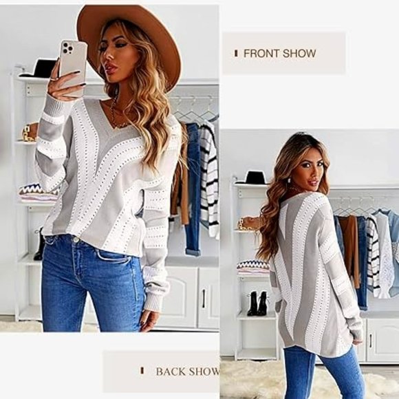 Women's V-Neck Grey & White Color block Striped Sweater~ Sz Large. NWT. - Picture 1 of 3